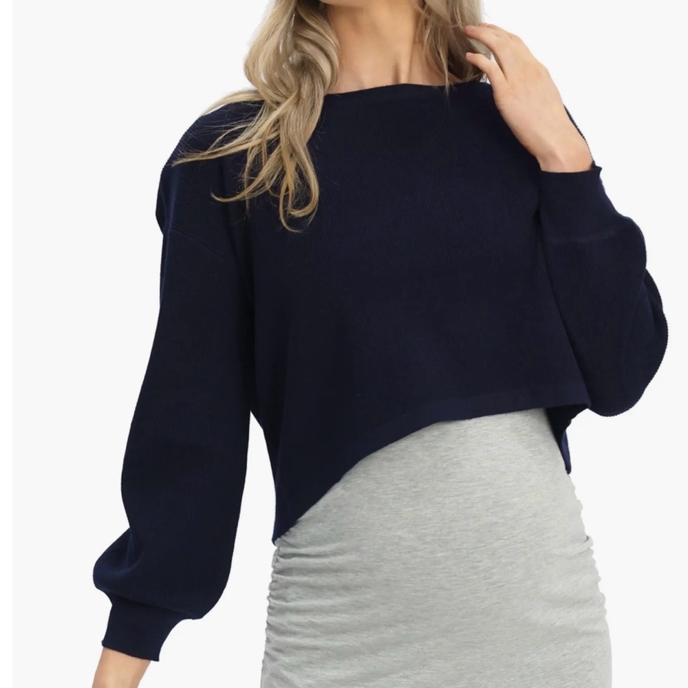 Women's Navy Cropped Crewneck Sweater - Relaxed Knit Top